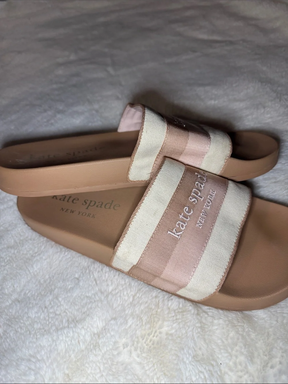 kate spade Pink and Cream Logo Slide Sandals